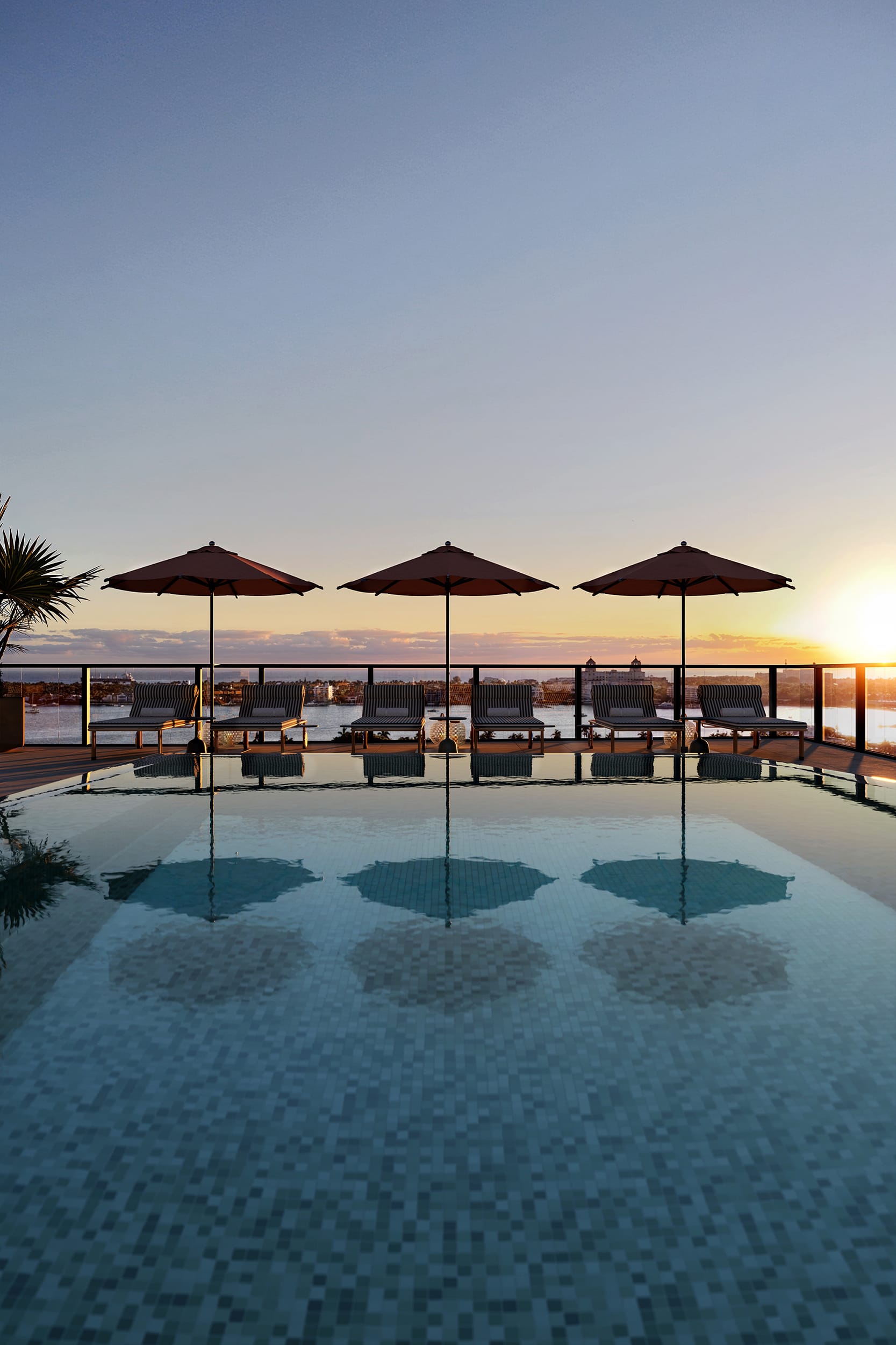 Rooftop pool at sunset overlooking the Intracoastal