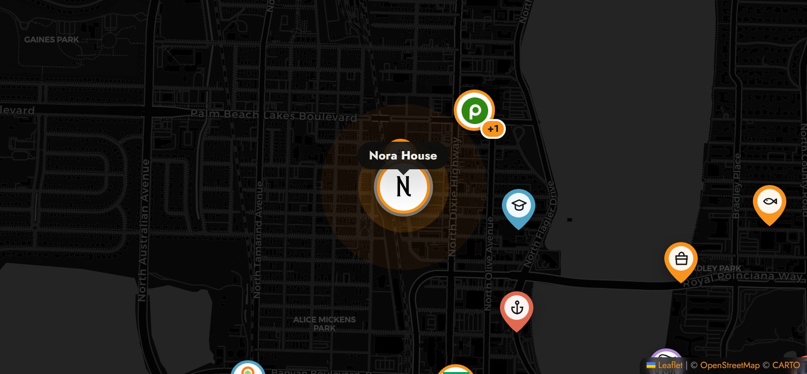 Map showing Nora House in downtown West Palm Beach