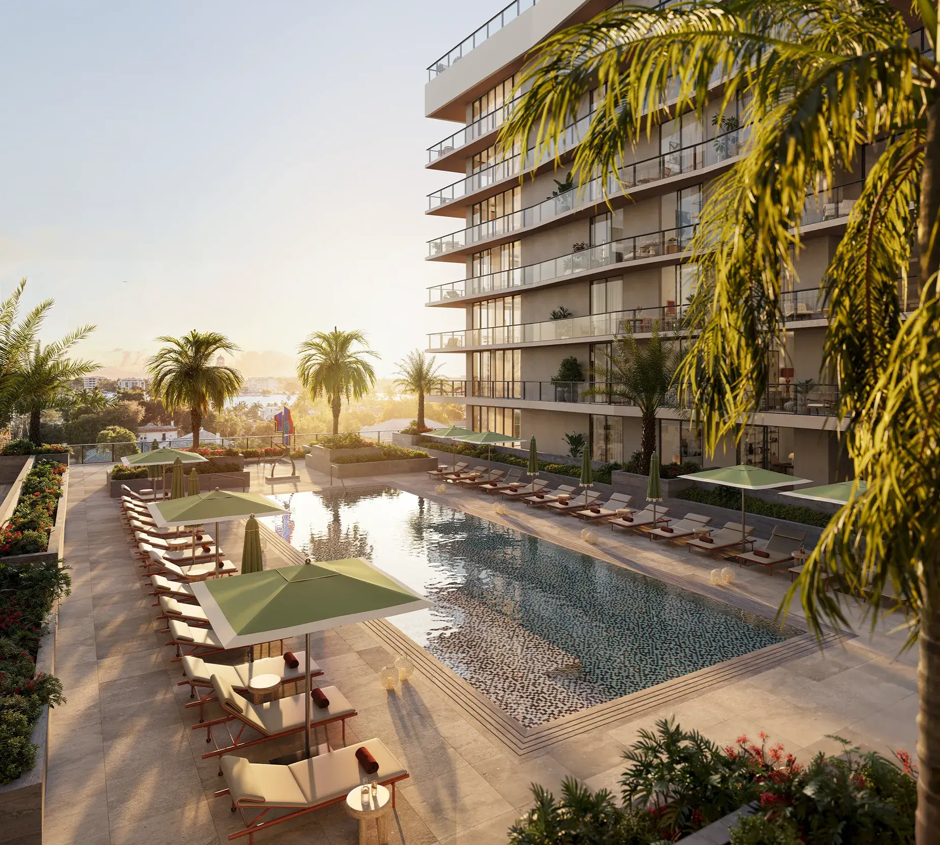 Fourth-floor lap pool terrace at golden hour